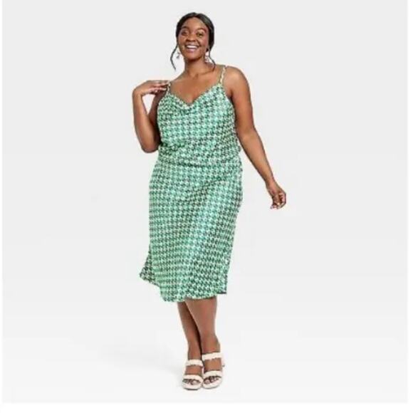 AVA & VIV Sleeveless Satin Green Geometric Dress Women's Size XXL NWT - Picture 1 of 14